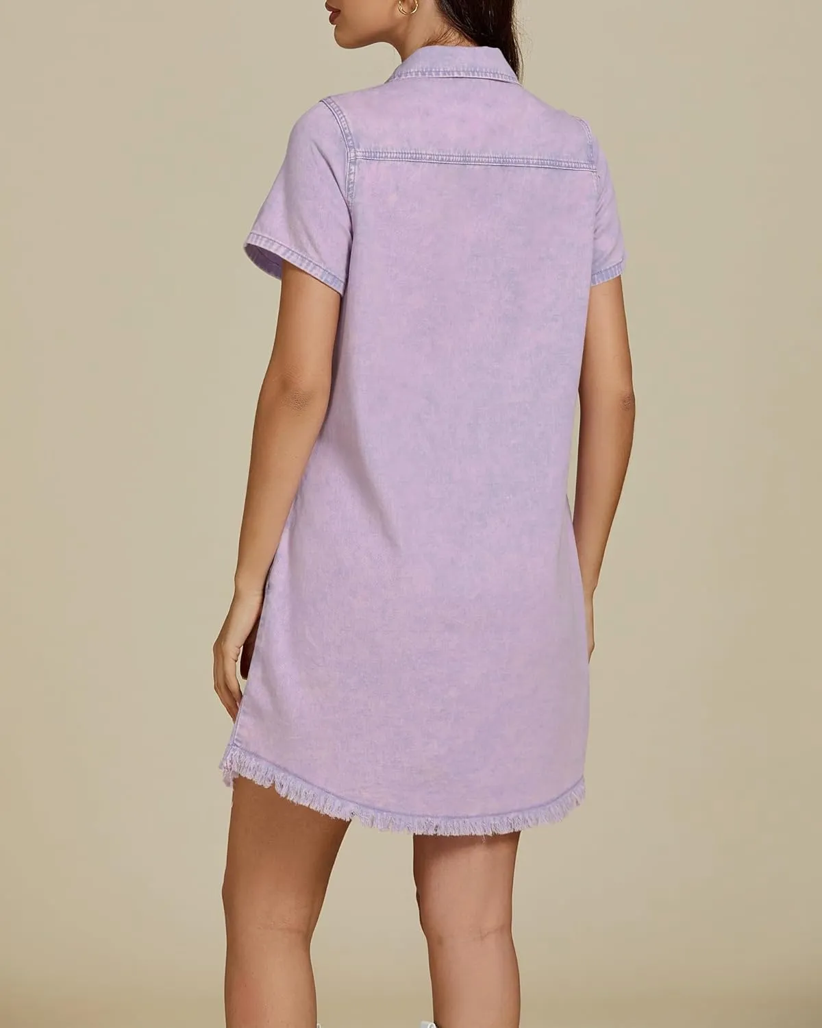 luvamia Denim Dresses for Women Distressed Summer Short Sleeve Button Down Collared Raw Hem Jean Shirt Dress with Pocket