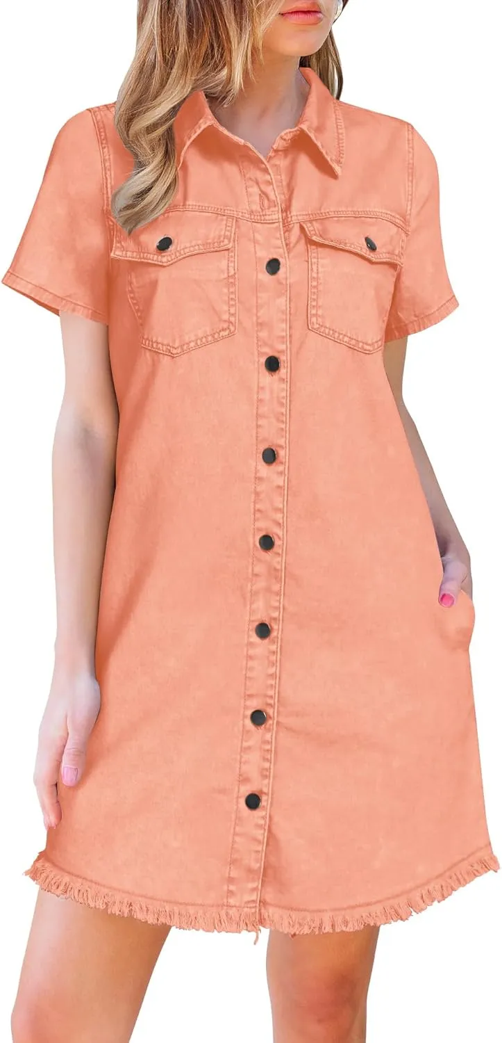 luvamia Denim Dresses for Women Distressed Summer Short Sleeve Button Down Collared Raw Hem Jean Shirt Dress with Pocket