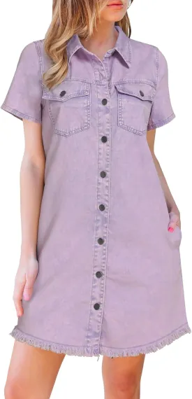 luvamia Denim Dresses for Women Distressed Summer Short Sleeve Button Down Collared Raw Hem Jean Shirt Dress with Pocket