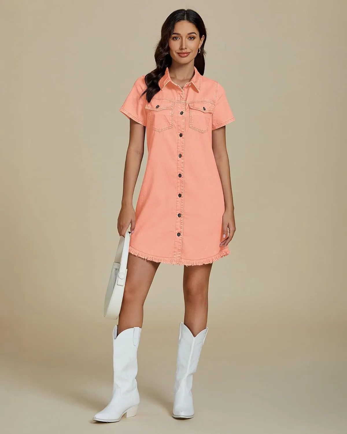 luvamia Denim Dresses for Women Distressed Summer Short Sleeve Button Down Collared Raw Hem Jean Shirt Dress with Pocket