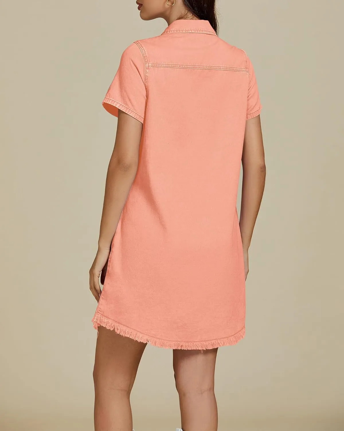 luvamia Denim Dresses for Women Distressed Summer Short Sleeve Button Down Collared Raw Hem Jean Shirt Dress with Pocket