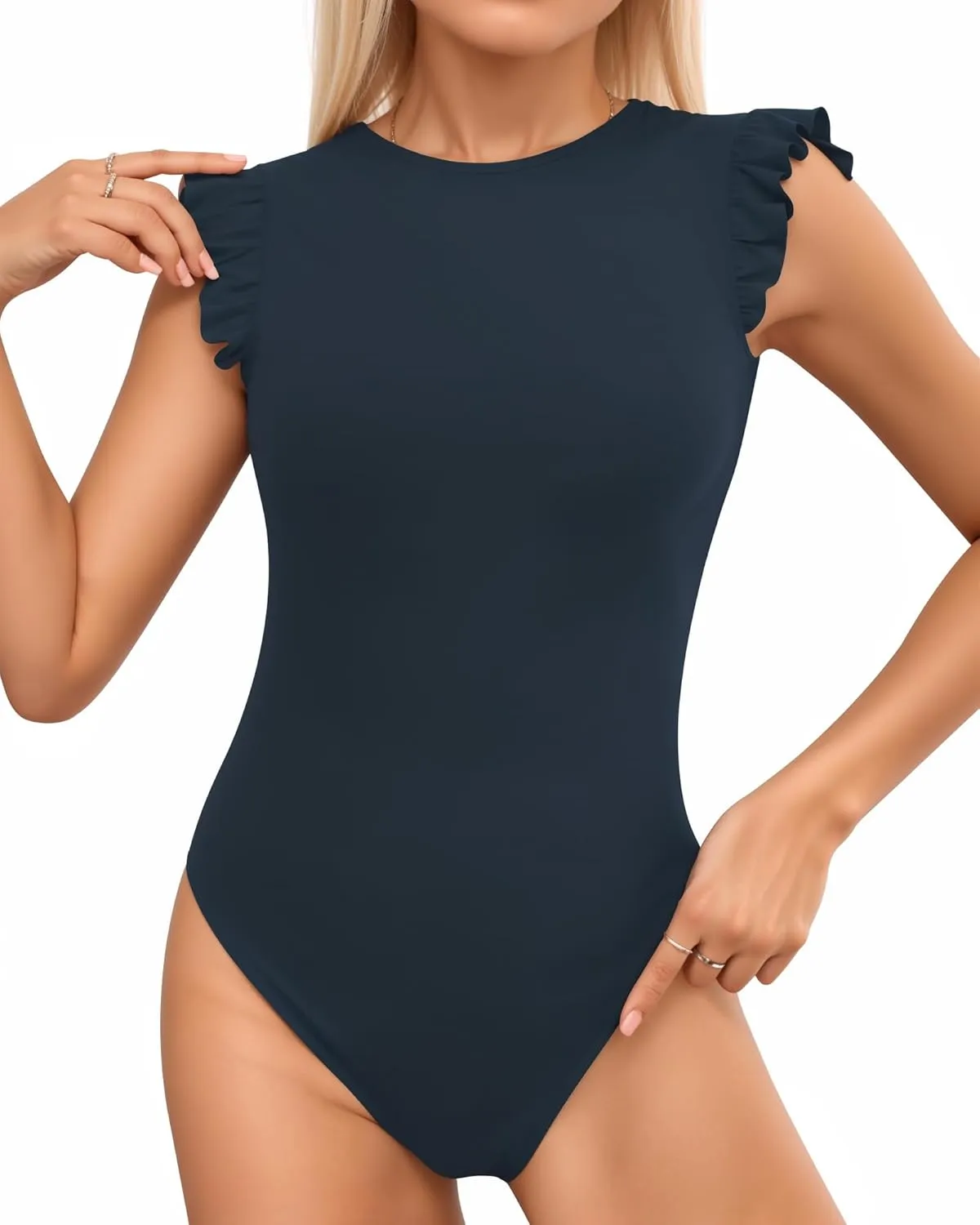 MANGOPOP Women's Body Suits Cute Crew Neck Ruffle Sleeveless Slim Fit Bodysuit Tank Tops Tight Casual Sexy