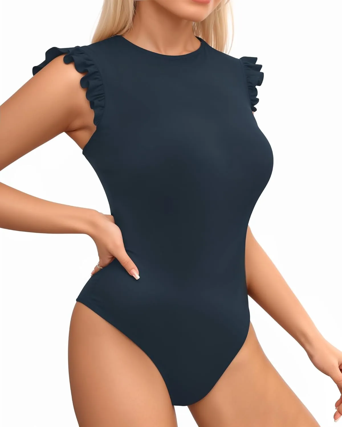 MANGOPOP Women's Body Suits Cute Crew Neck Ruffle Sleeveless Slim Fit Bodysuit Tank Tops Tight Casual Sexy
