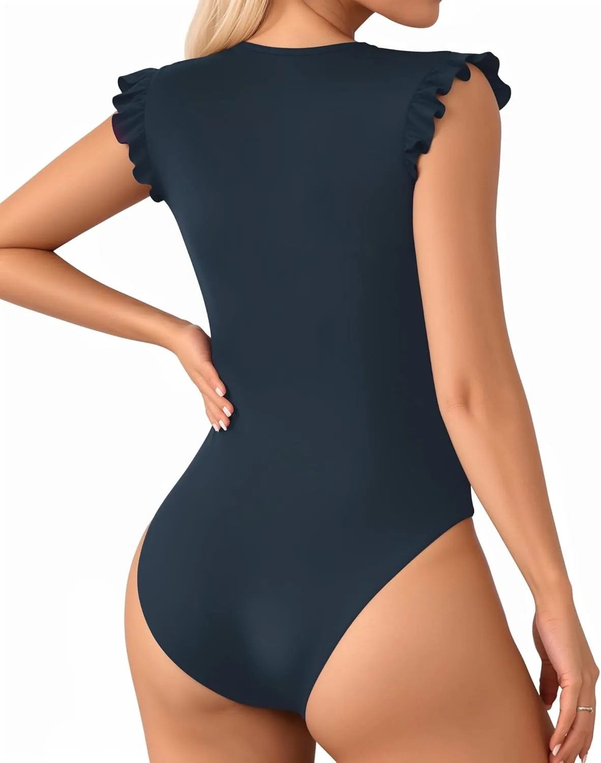 MANGOPOP Women's Body Suits Cute Crew Neck Ruffle Sleeveless Slim Fit Bodysuit Tank Tops Tight Casual Sexy