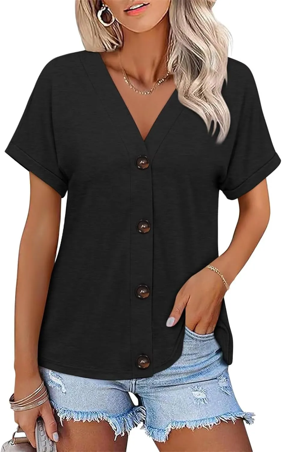 ORANDESIGNE Women's Short Sleeve V Neck Tops Casual Button Down Summer T Shirts Basic Ladies Tees
