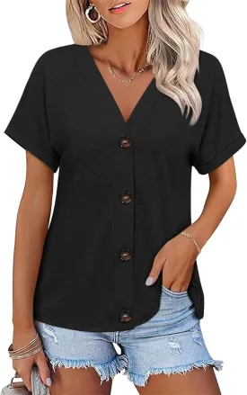 ORANDESIGNE Women's Short Sleeve V Neck Tops Casual Button Down Summer T Shirts Basic Ladies Tees