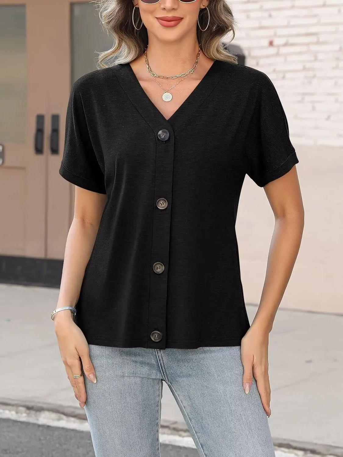 ORANDESIGNE Women's Short Sleeve V Neck Tops Casual Button Down Summer T Shirts Basic Ladies Tees