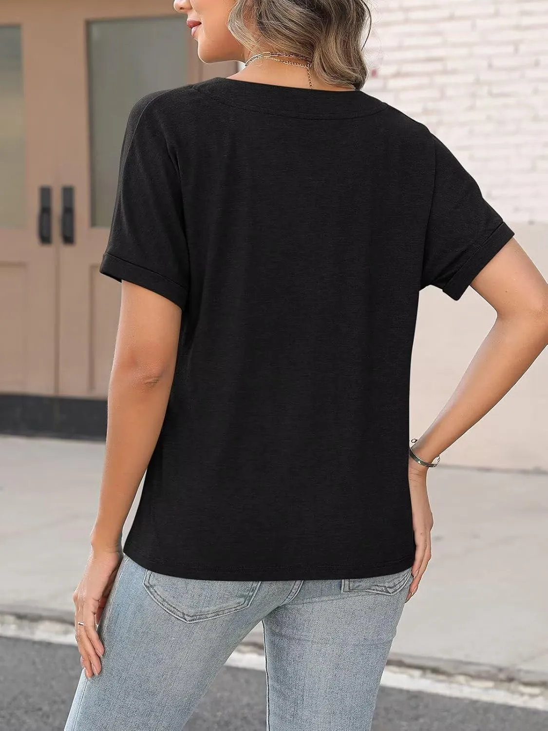 ORANDESIGNE Women's Short Sleeve V Neck Tops Casual Button Down Summer T Shirts Basic Ladies Tees