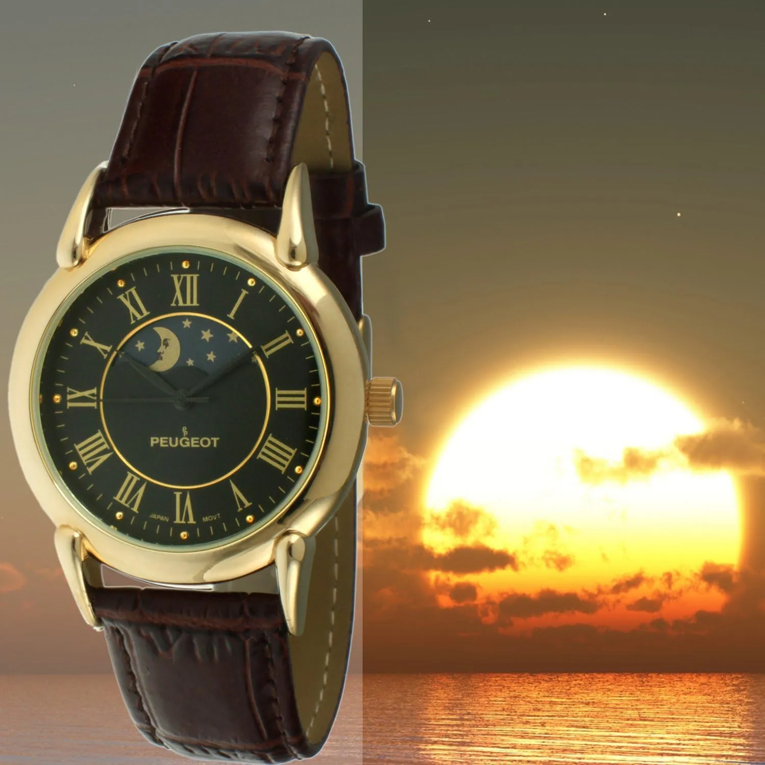 Peugeot Men's 14k Gold Plated Vintage Leather Dress Watch