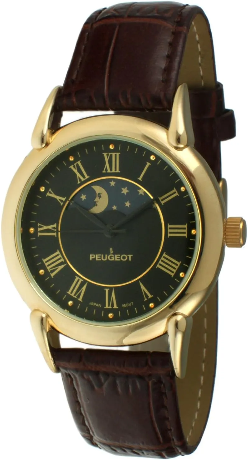Peugeot Men's 14k Gold Plated Vintage Leather Dress Watch
