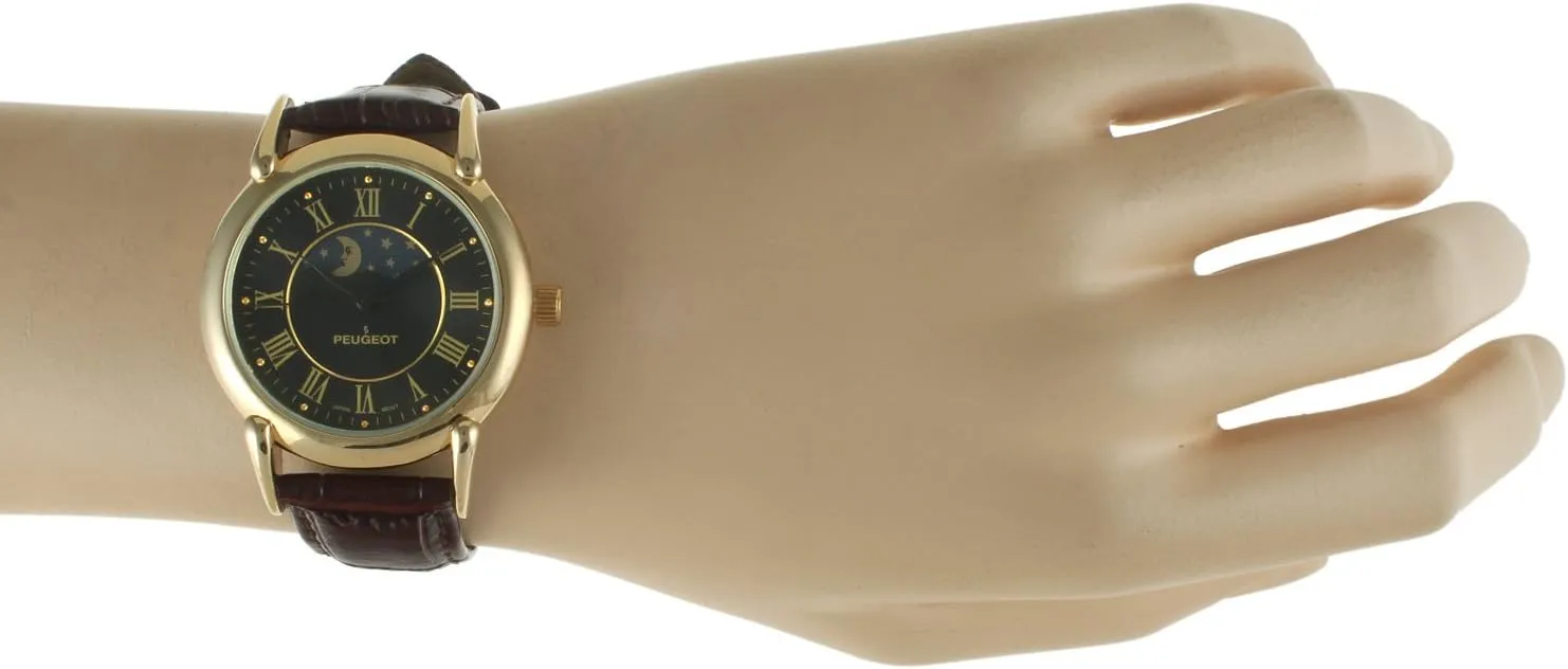 Peugeot Men's 14k Gold Plated Vintage Leather Dress Watch