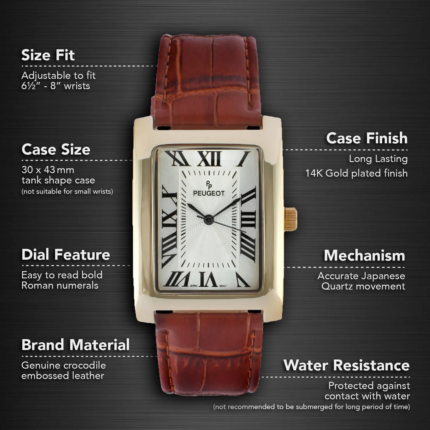 Peugeot Mens Vintage Tank Shape 14K Gold Plated Wrist Watch with Roman Numeral Dial