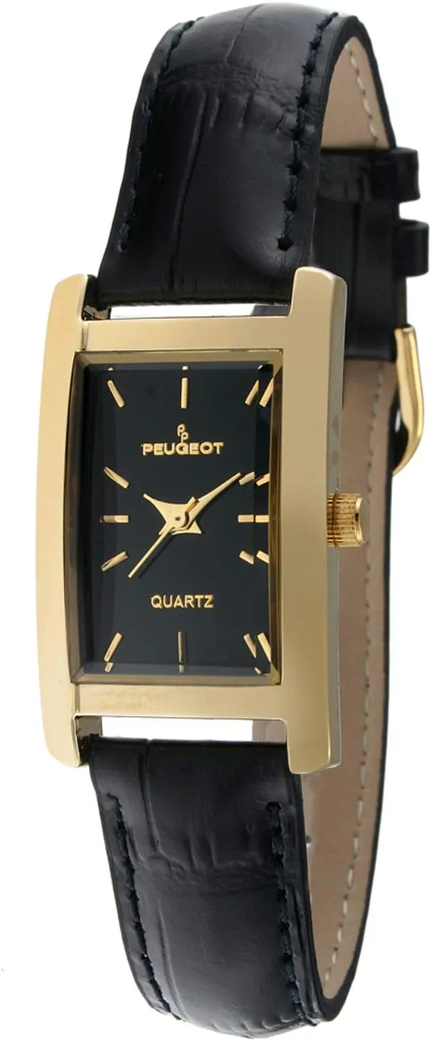 Peugeot Women's Classic 14Kt Gold Plated Watch, Rectangular Tank Shape Case with Leather Band and Easy to Read Dial
