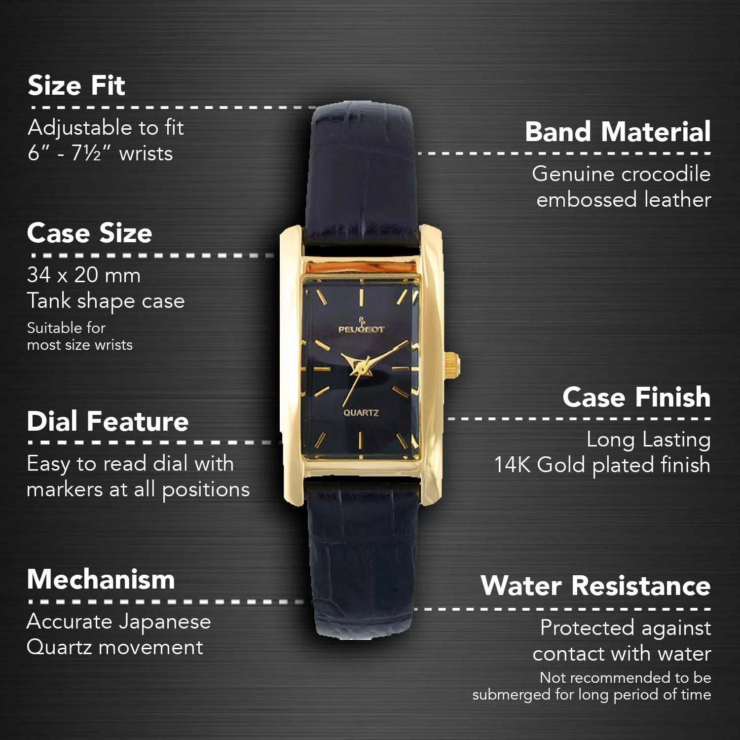 Peugeot Women's Classic 14Kt Gold Plated Watch, Rectangular Tank Shape Case with Leather Band and Easy to Read Dial