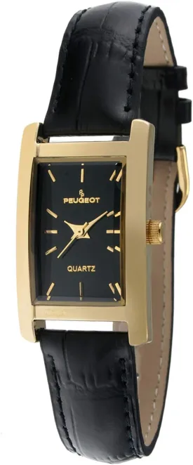Peugeot Women's Classic 14Kt Gold Plated Watch, Rectangular Tank Shape Case with Leather Band and Easy to Read Dial