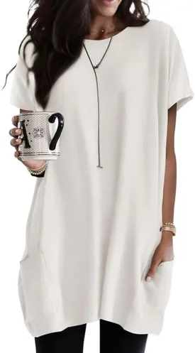 Poetsky Summer Womens Tunic Tops for Leggings with Pockets Short Sleeve Casual Long T Shirts