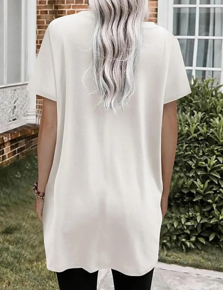 Poetsky Summer Womens Tunic Tops for Leggings with Pockets Short Sleeve Casual Long T Shirts