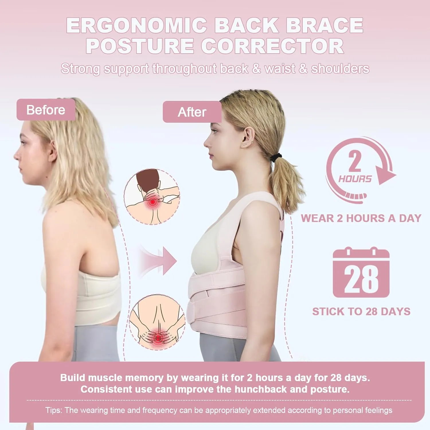 Posture Corrector for Women and Men Upgraded Back Brace, Adjustable Full Back Support for Upper and Lower Back Pain Relief, Shoulder Straightener for Hunchback, Scoliosis, Lumbar, Spine (Pink, Small)