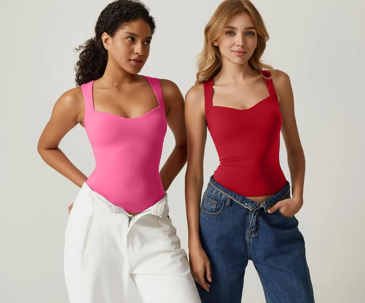 QINSEN Women's Sexy Sweetheart Neck Sleeveless T Shirts Double Lined Tees Slimming Fit Tops