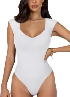 REORIA Butsmooth Women's Trendy Sexy Casual V Neck Double Lined Sleeveless Slimming Going Out Tank Top Bodysuits