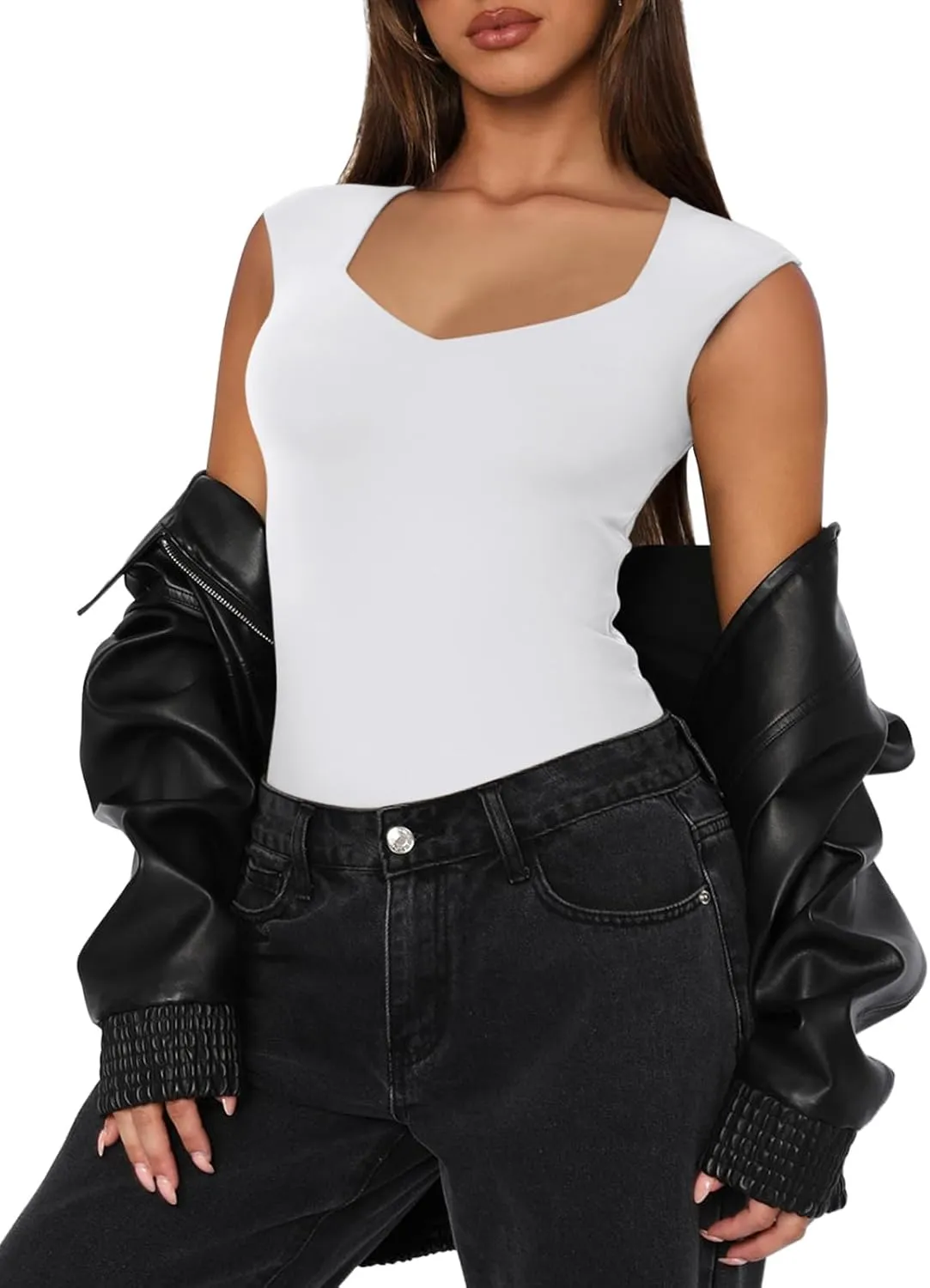 REORIA Butsmooth Women's Trendy Sexy Casual V Neck Double Lined Sleeveless Slimming Going Out Tank Top Bodysuits