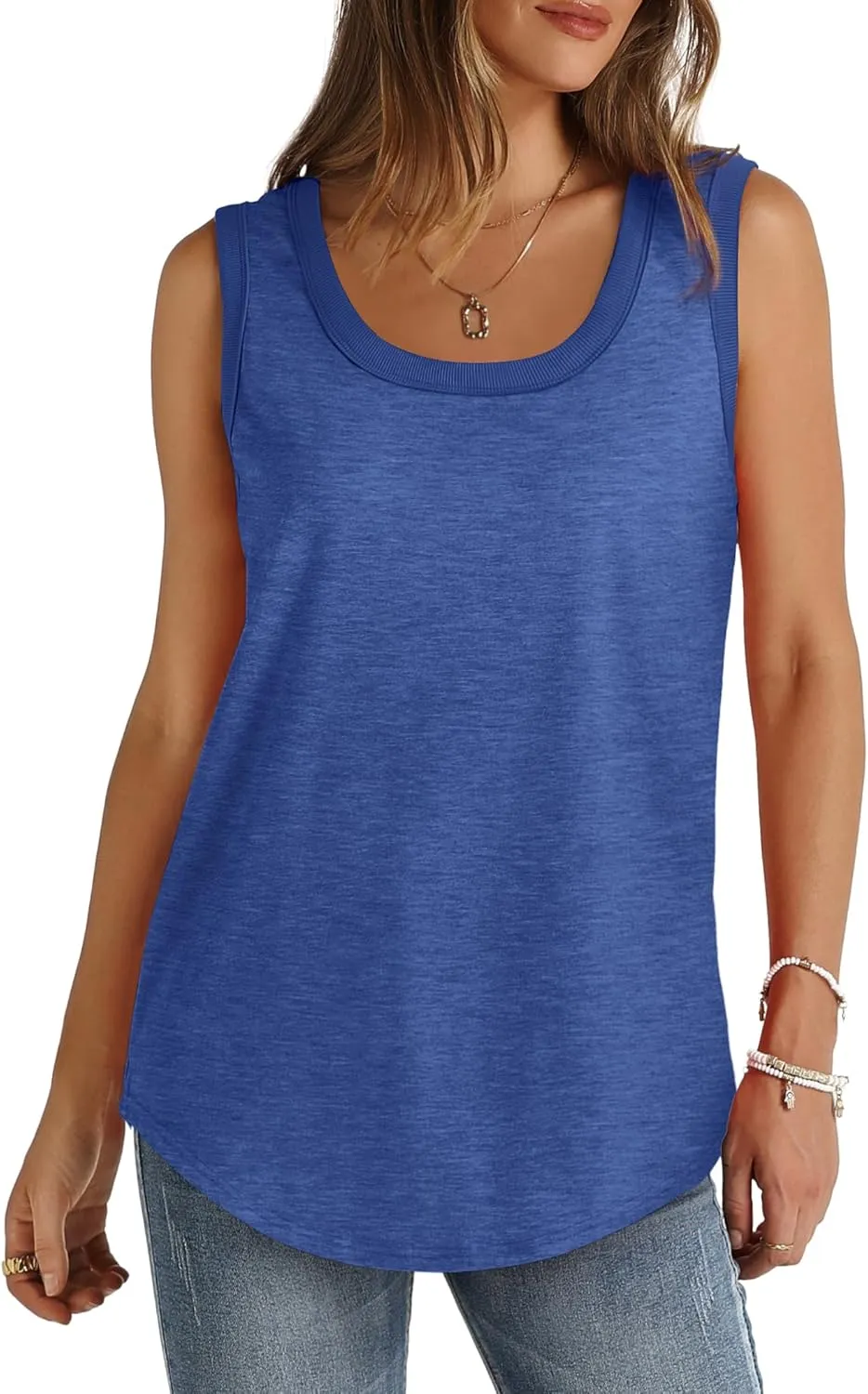 Saloogoe Womens Tank Tops Summer Loose Sleeveless Tops Ribbed Trim Scoop Neck Curved Hem 2024