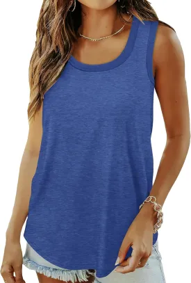 Saloogoe Womens Tank Tops Summer Loose Sleeveless Tops Ribbed Trim Scoop Neck Curved Hem 2024