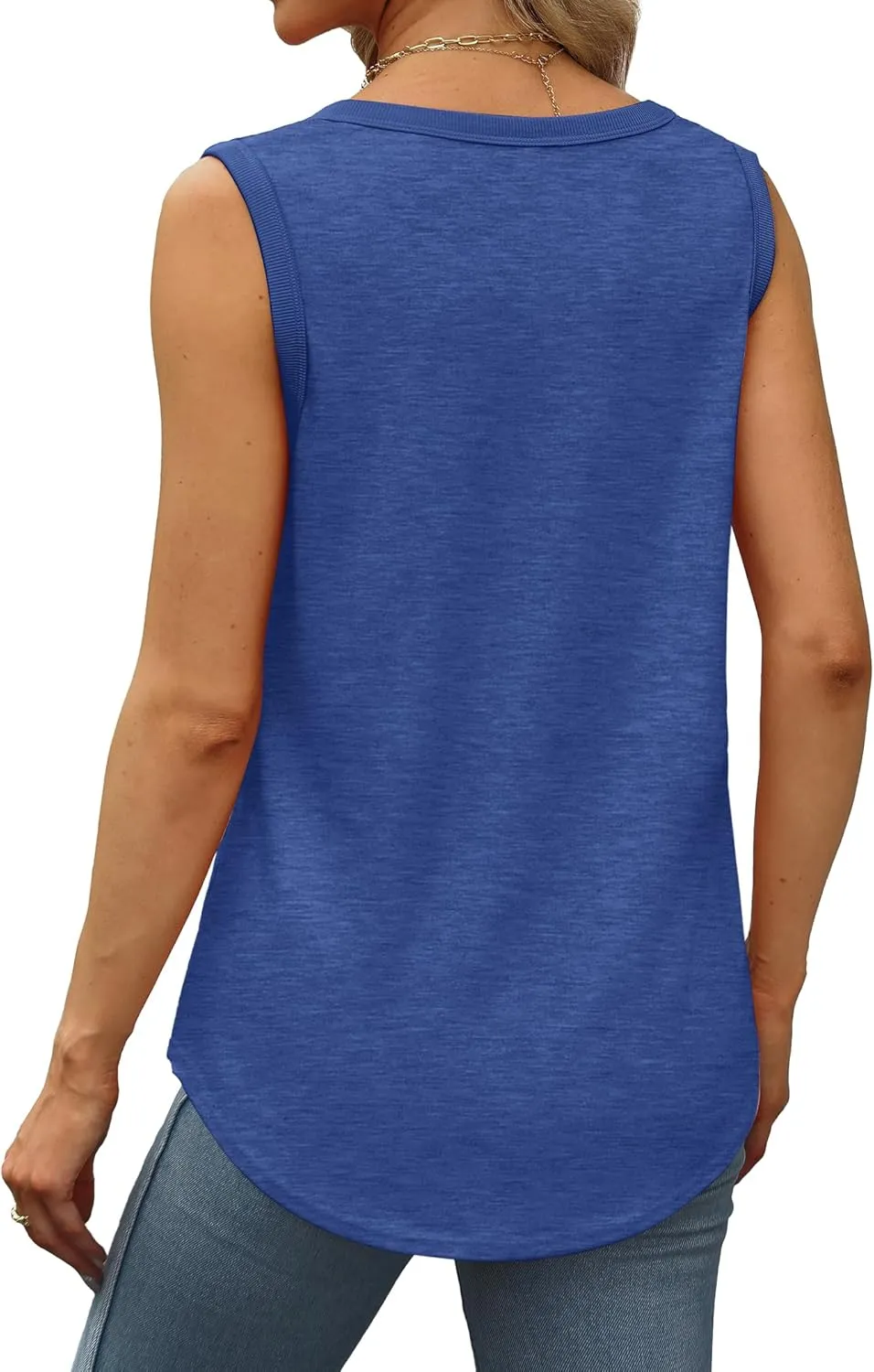 Saloogoe Womens Tank Tops Summer Loose Sleeveless Tops Ribbed Trim Scoop Neck Curved Hem 2024