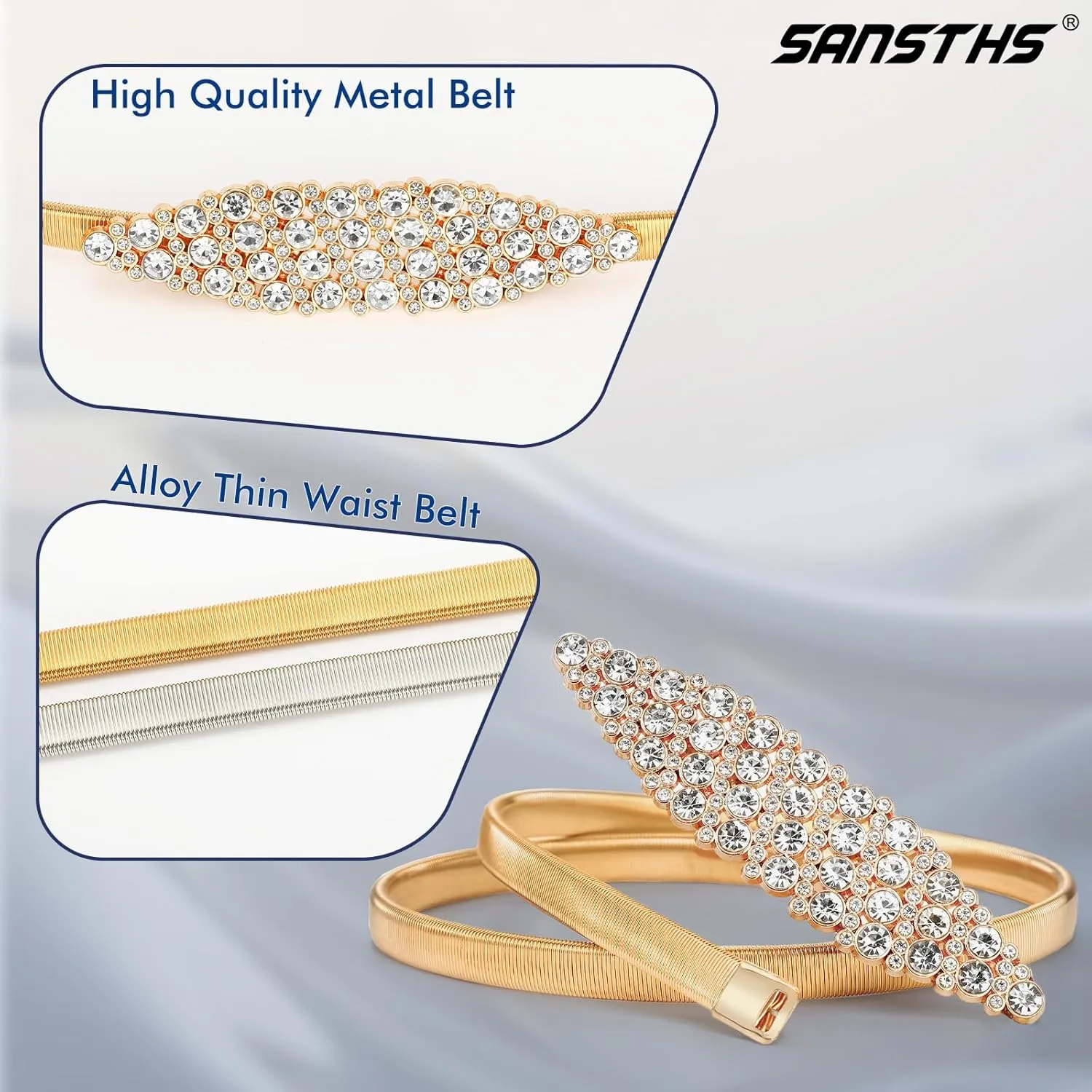 SANSTHS Womens Elastic Thin Metal Waist Belt, Stretch Chain Belt for Dresses, Skinny Rhinestone Adjustable Waistband