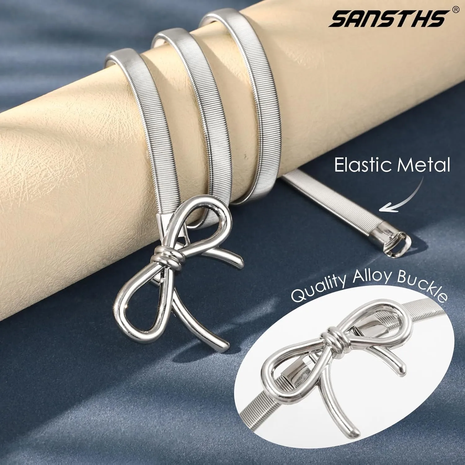 SANSTHS Womens Elastic Thin Metal Waist Belt, Stretch Chain Belt for Dresses, Skinny Rhinestone Adjustable Waistband