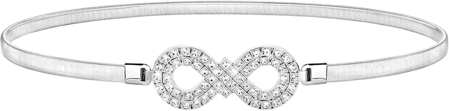 SANSTHS Womens Elastic Thin Metal Waist Belt, Stretch Chain Belt for Dresses, Skinny Rhinestone Adjustable Waistband