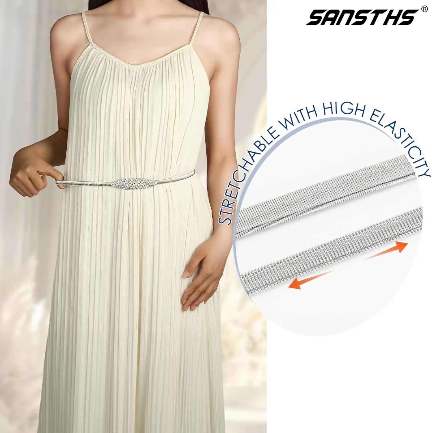 SANSTHS Womens Elastic Thin Metal Waist Belt, Stretch Chain Belt for Dresses, Skinny Rhinestone Adjustable Waistband