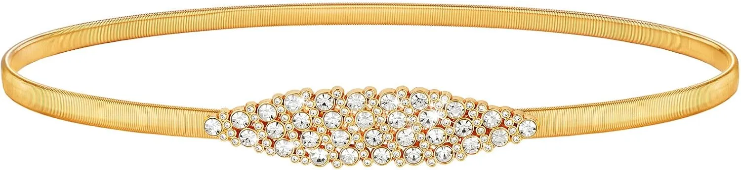 SANSTHS Womens Elastic Thin Metal Waist Belt, Stretch Chain Belt for Dresses, Skinny Rhinestone Adjustable Waistband