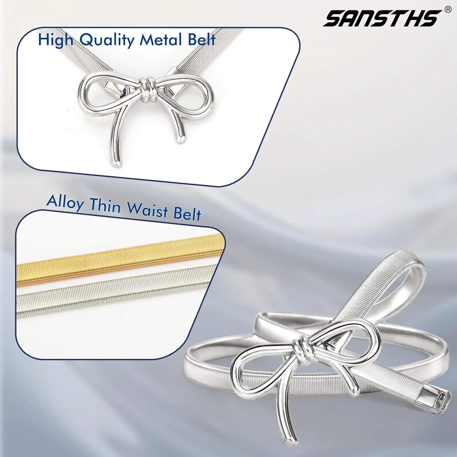 SANSTHS Womens Elastic Thin Metal Waist Belt, Stretch Chain Belt for Dresses, Skinny Rhinestone Adjustable Waistband