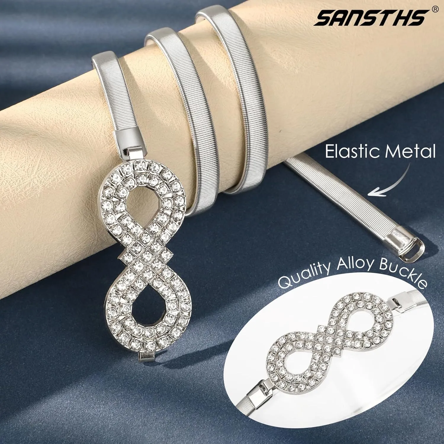SANSTHS Womens Elastic Thin Metal Waist Belt, Stretch Chain Belt for Dresses, Skinny Rhinestone Adjustable Waistband