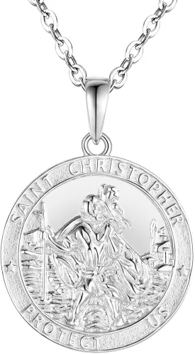 St. Christopher Medal Necklace 925 Sterling Silver, Saint Christopher Pendant Necklace for Men Women