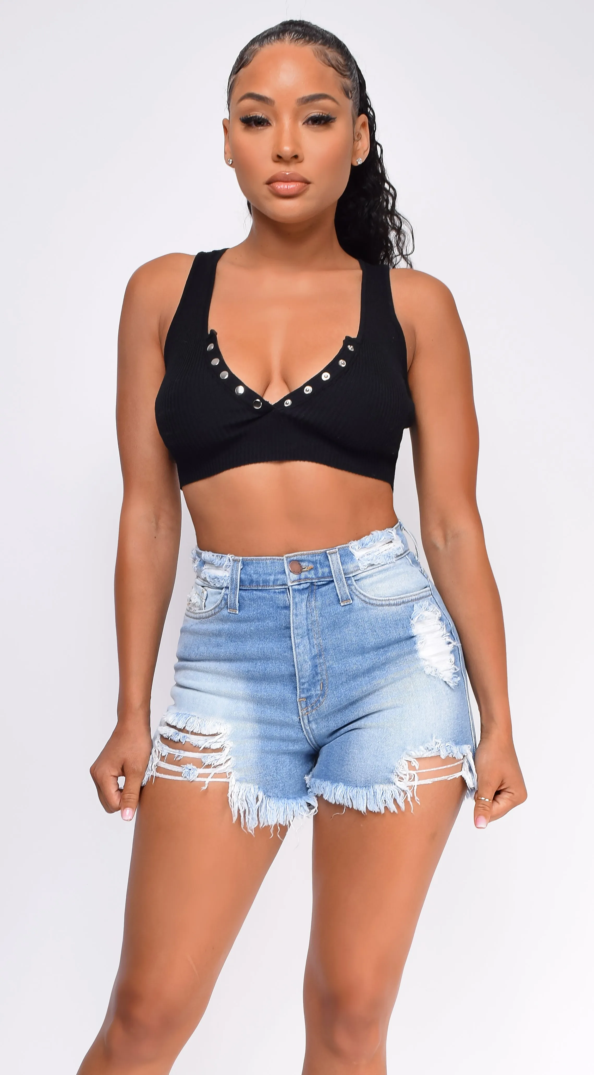 Tasman Blue Ripped Frayed Super High Waist Denim Shorts
