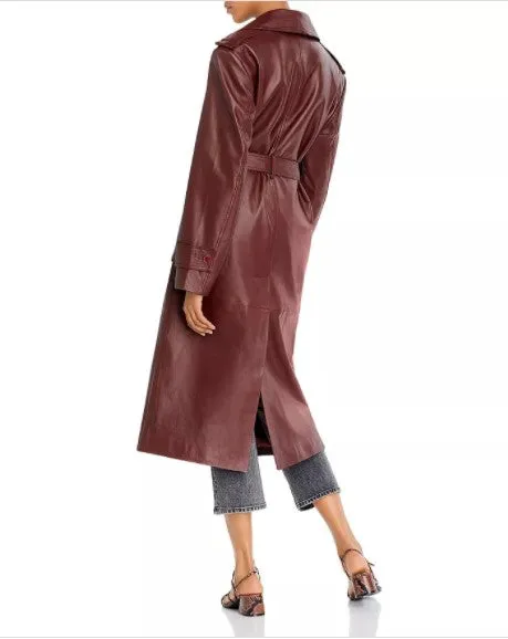 Terri Burgundy Leather Long Trench Coat Women Outfit