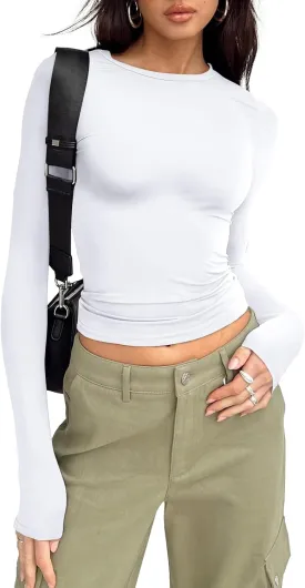 Trendy Queen Womens Long Sleeve Shirts Basic Tees Crop Tops Going Out Spring 2025 Workout Outfits Y2k Clothes