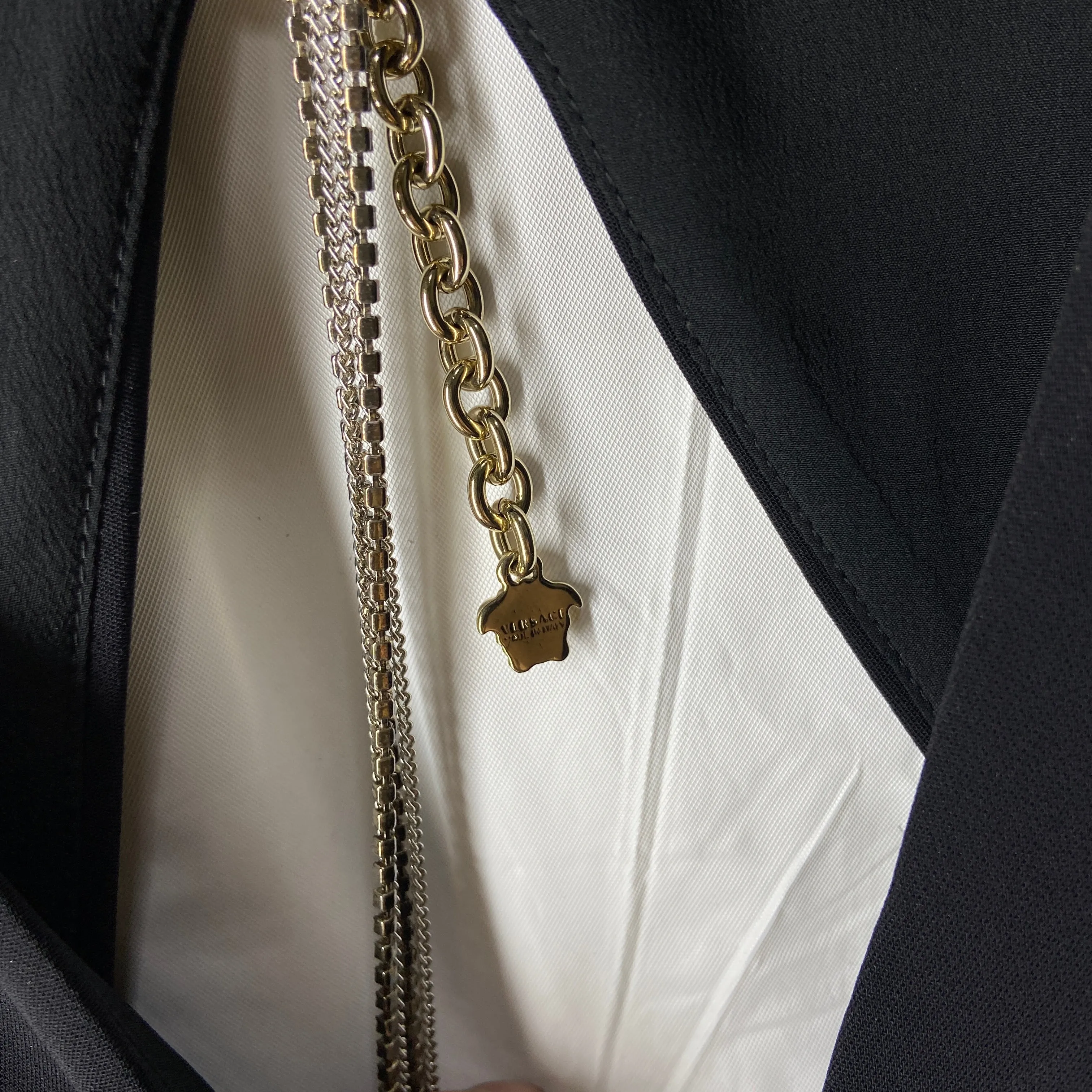Versace plunging open back dress evening gown with gold crystal necklace and back chains 38