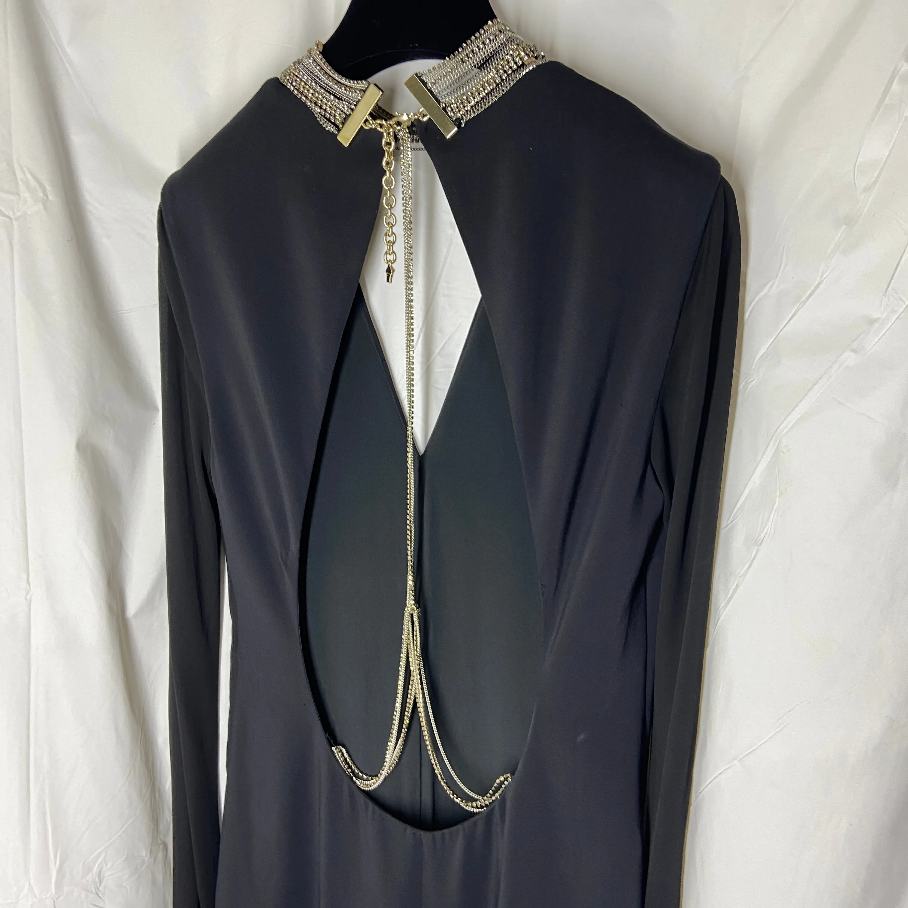 Versace plunging open back dress evening gown with gold crystal necklace and back chains 38