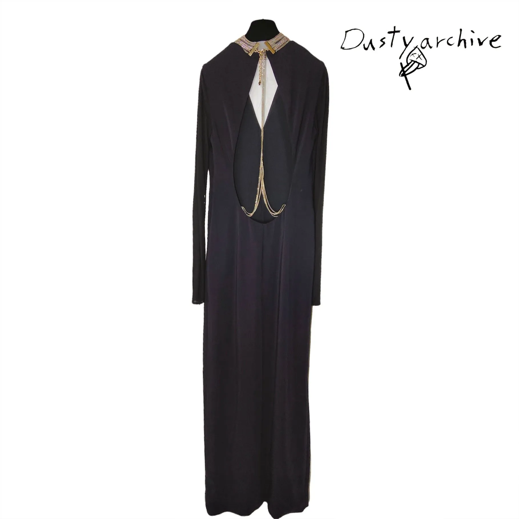 Versace plunging open back dress evening gown with gold crystal necklace and back chains 38