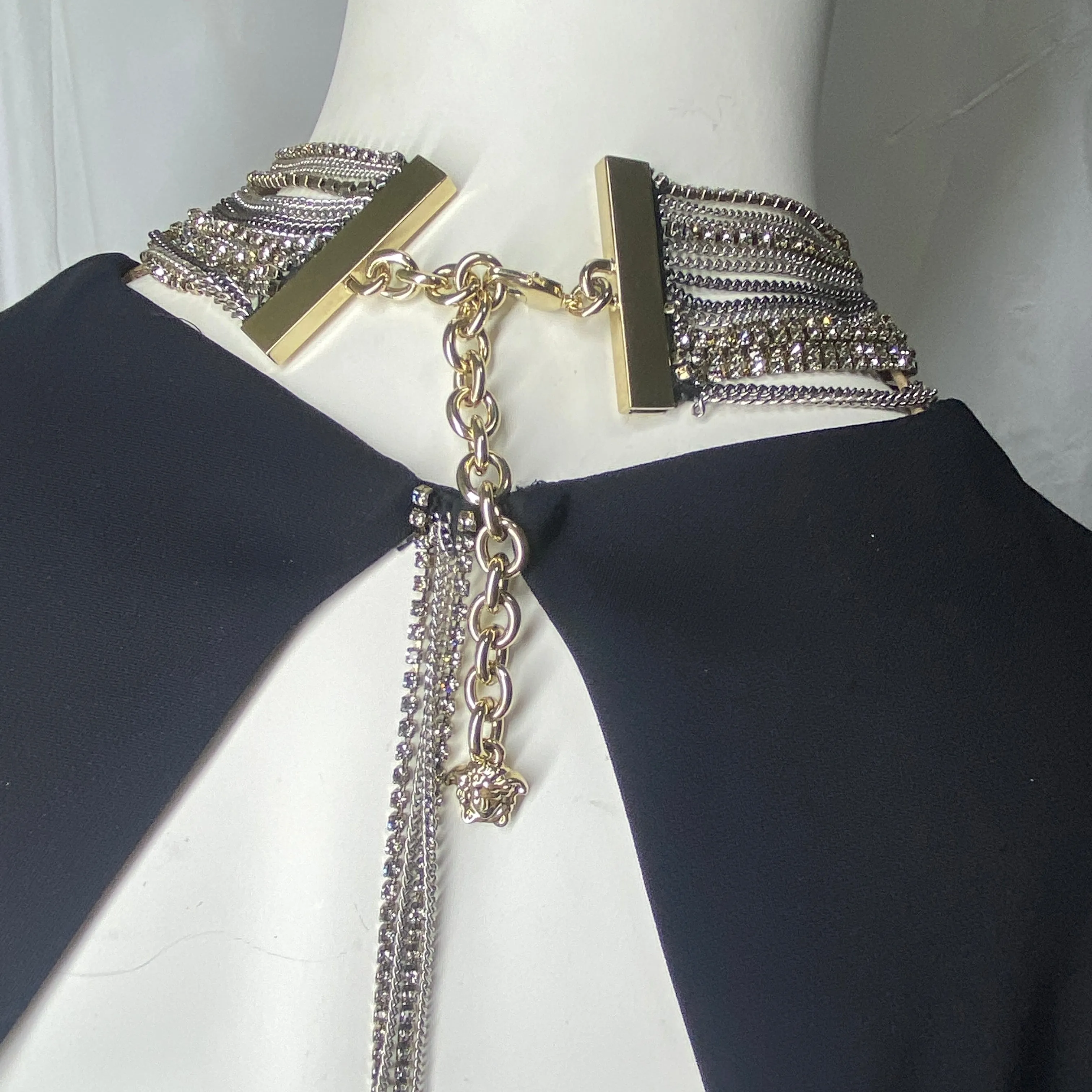 Versace plunging open back dress evening gown with gold crystal necklace and back chains 38
