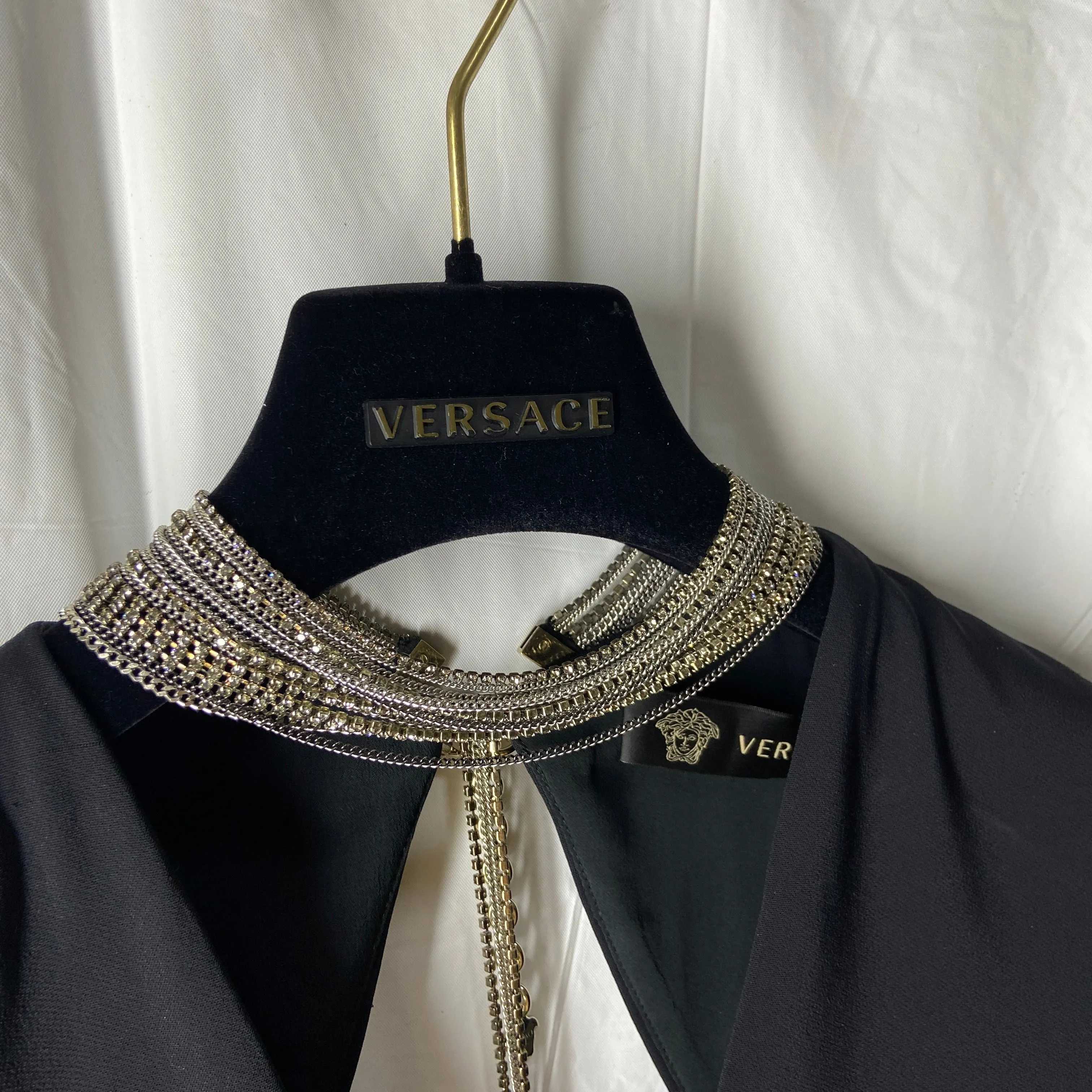 Versace plunging open back dress evening gown with gold crystal necklace and back chains 38