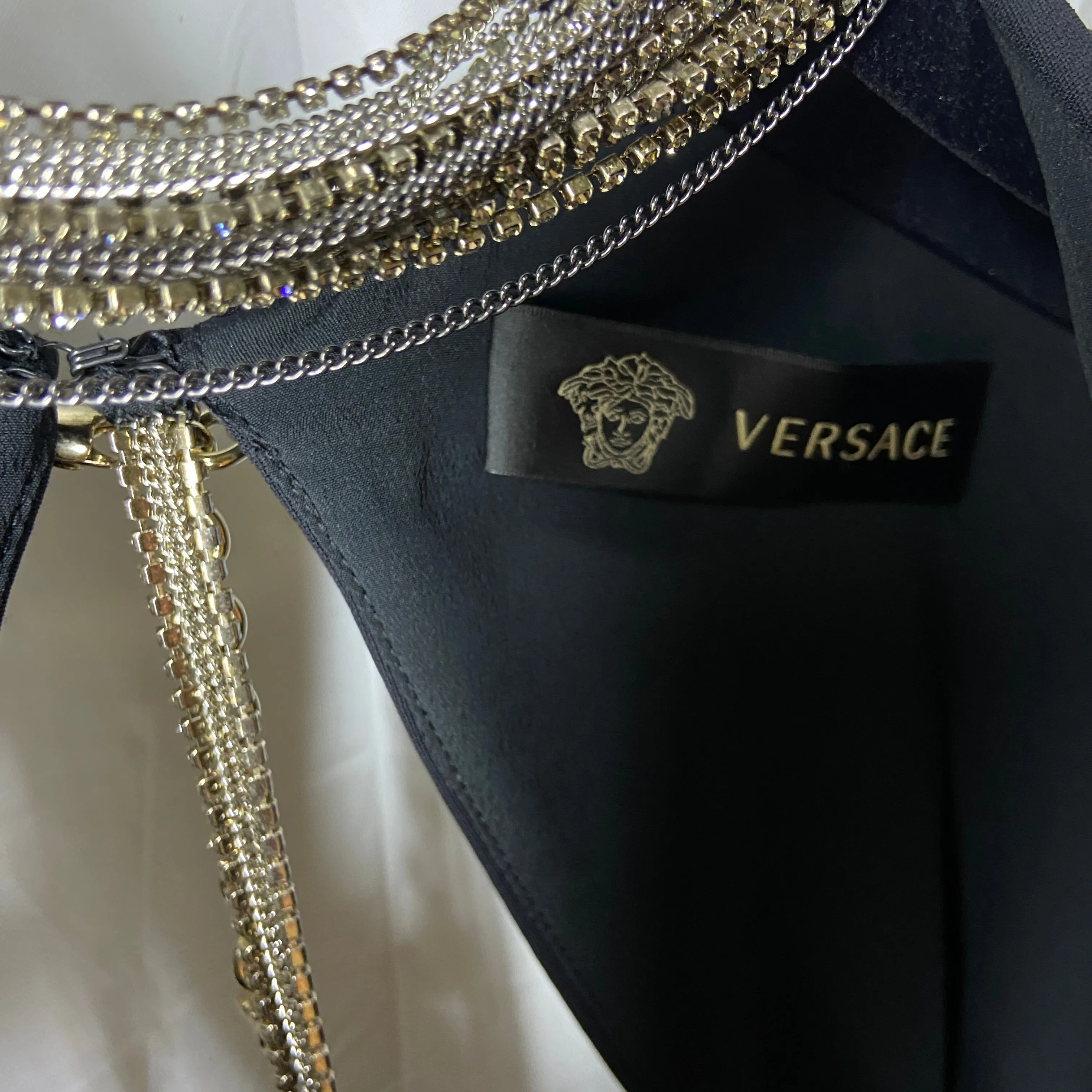 Versace plunging open back dress evening gown with gold crystal necklace and back chains 38
