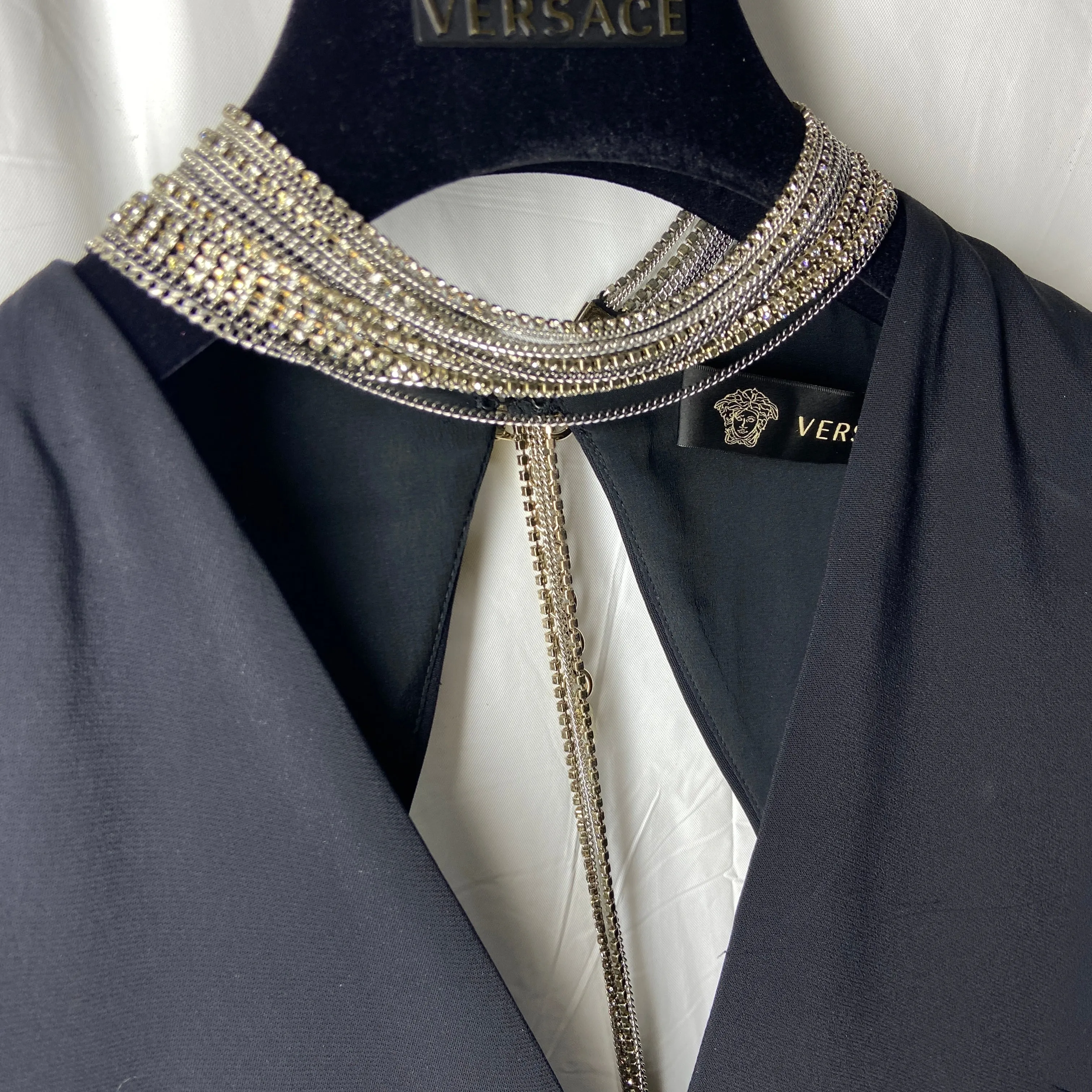 Versace plunging open back dress evening gown with gold crystal necklace and back chains 38