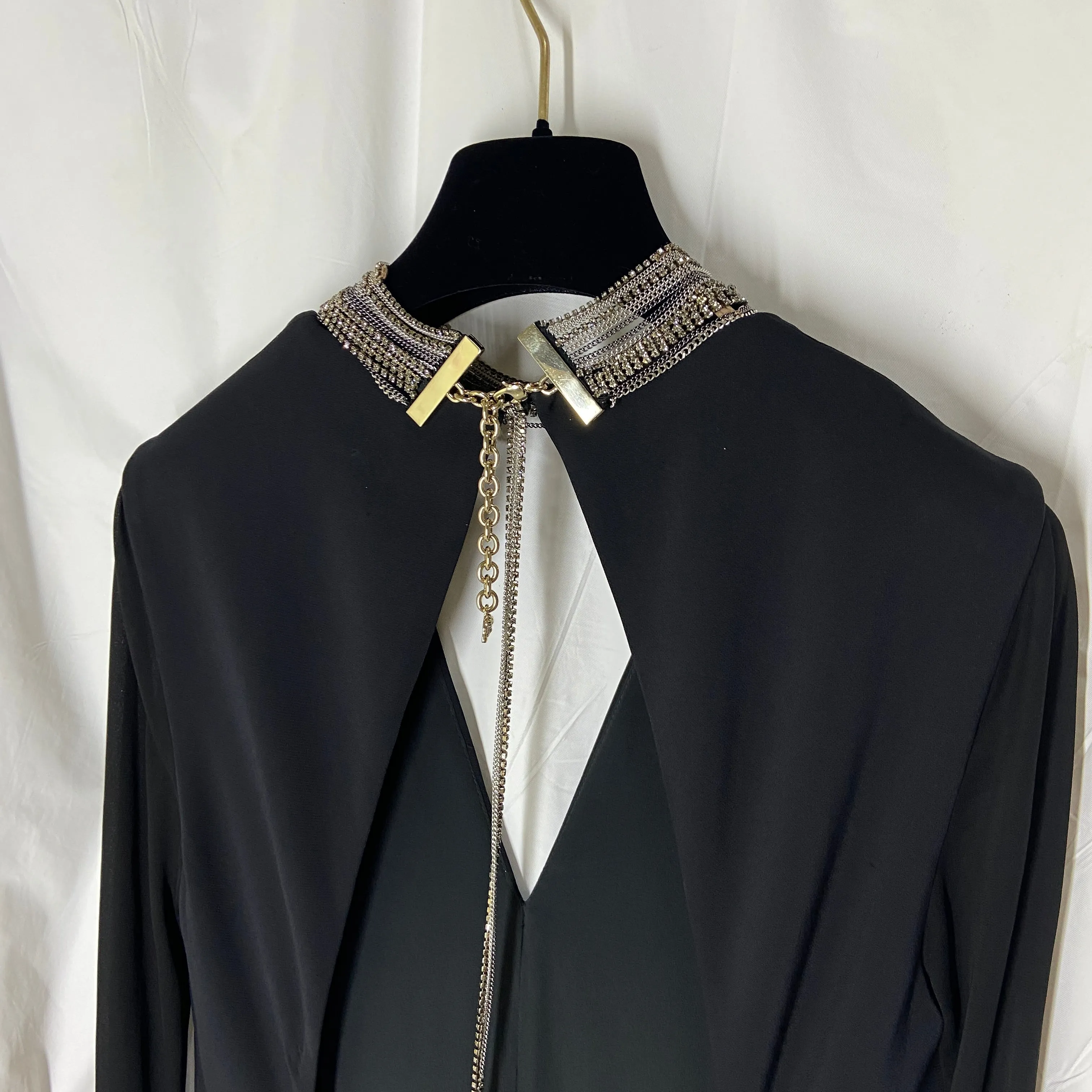 Versace plunging open back dress evening gown with gold crystal necklace and back chains 38