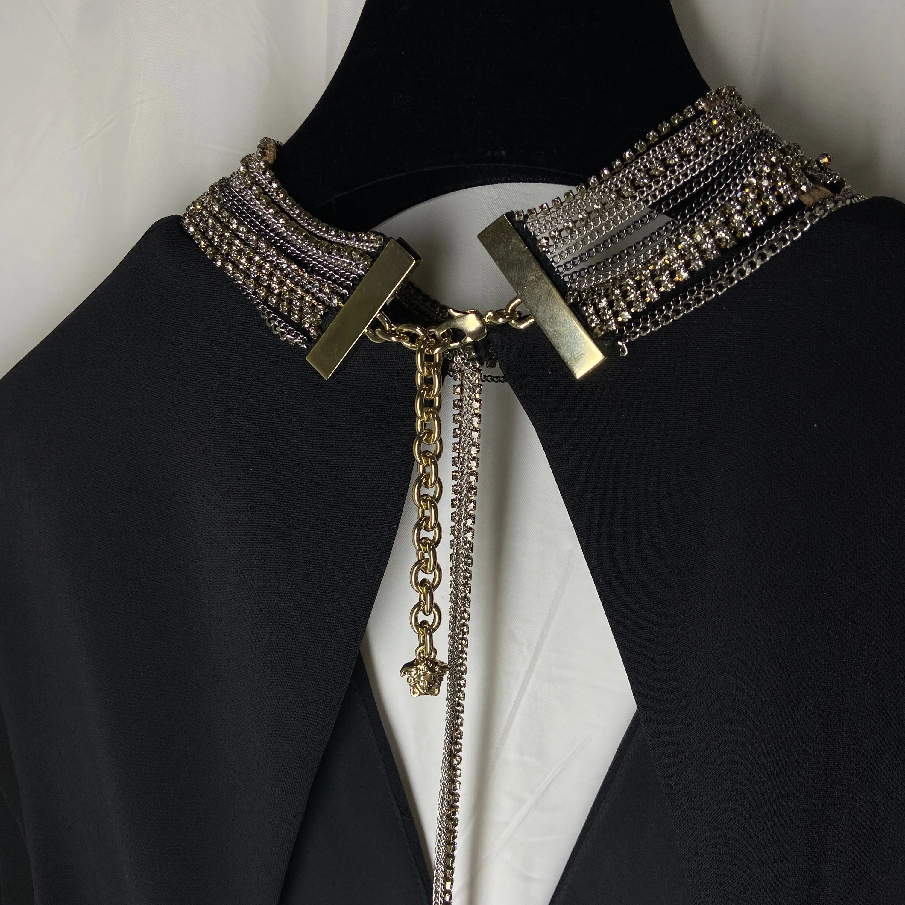 Versace plunging open back dress evening gown with gold crystal necklace and back chains 38