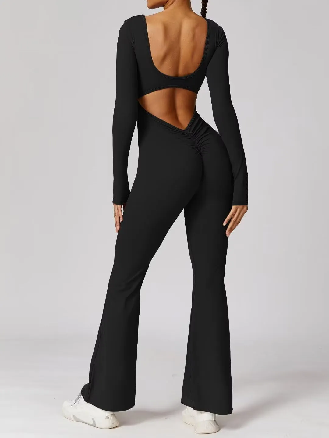 Vertvie Women Flare Jumpsuits Long Sleeve Sexy Backless Padded Bodycon Rompers Scrunch Butt V Back Playsuit Workout Bodysuit