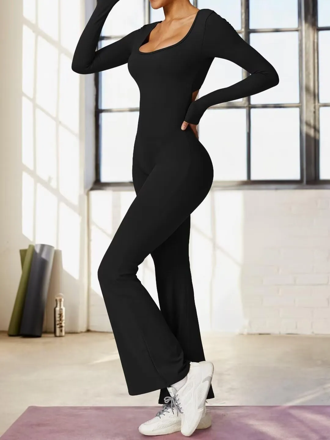 Vertvie Women Flare Jumpsuits Long Sleeve Sexy Backless Padded Bodycon Rompers Scrunch Butt V Back Playsuit Workout Bodysuit